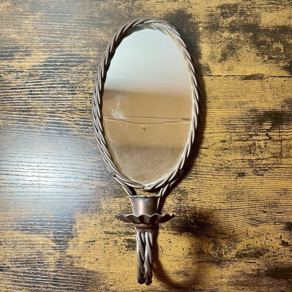 Vintage Home Interior Oval Twisted Rope Metal Mirrored Candle Sconce Bronze Tone